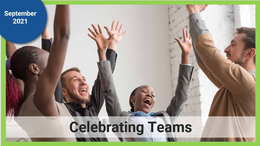 a group of people with their hands in the air smiling with "celebrating teams" text