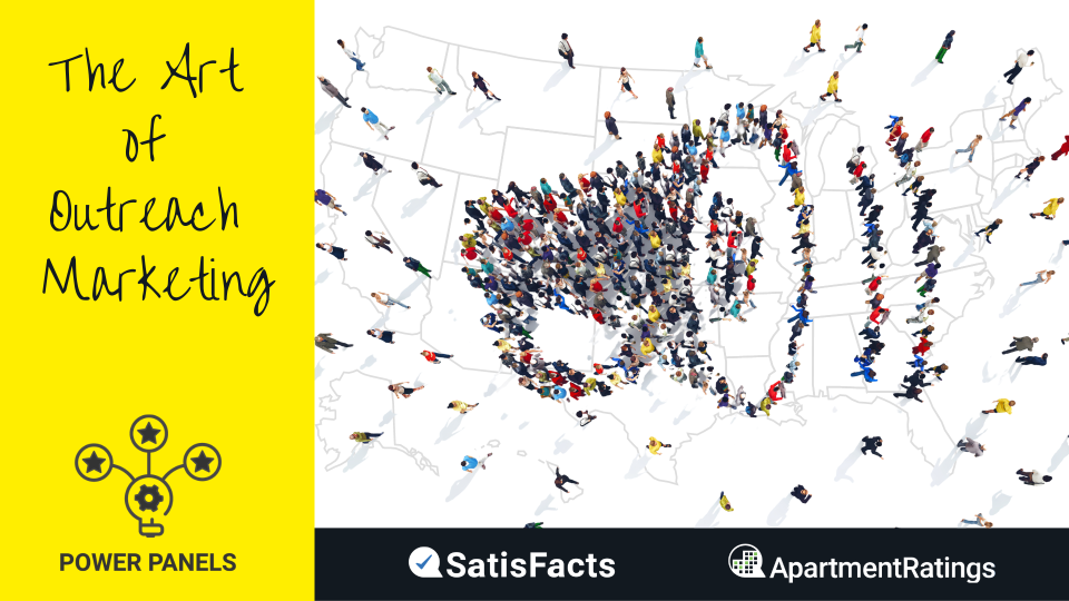 The Art of Outreach Marketing with yellow background and picture of people walking in shape of megaphone